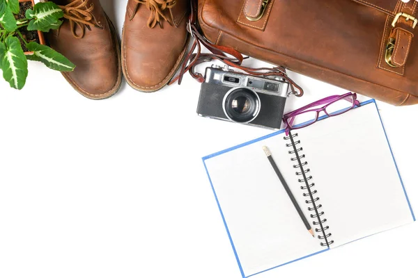Vintage Leather bag and  vintage camera with leather shoe isolated on white background, travel concept and copy sapce for input text.