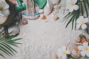 Kum arka planında deniz kabukları ve su tesisatı çiçekleri, yaz mevsimi konseptinde giriş metni ve seyahat için kopyalama alanı