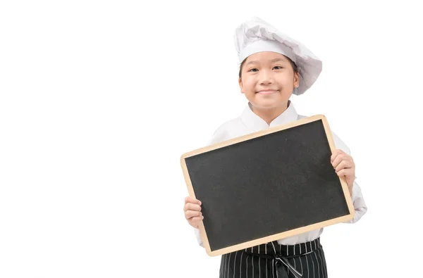 Feliz Asiático Menina Chef Uniforme Segurando Branco Blackboard Isolado Branco — Fotografia de Stock