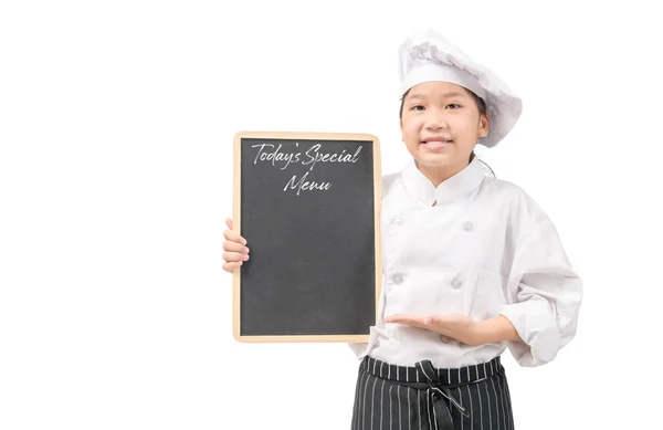 Happy Asian Girl Chef Uniform Presenting Today Special Menu Blackboard — Stock Photo, Image