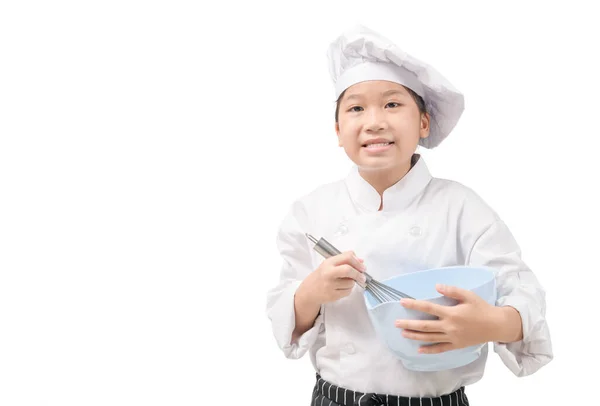 Portrait Happy Little Chef Uniform Holds Egg Whisk Plastic Bowl — Stock Photo, Image