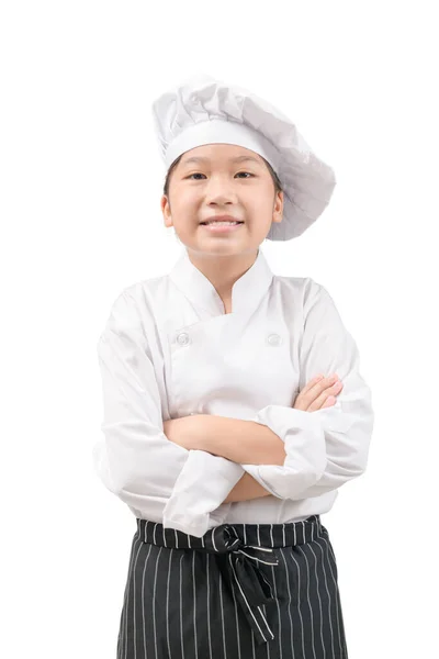 Portret Szczęśliwej Dziewczynki Mundurze Szefa Kuchni Uśmiech Odizolowany Białym Tle — Zdjęcie stockowe