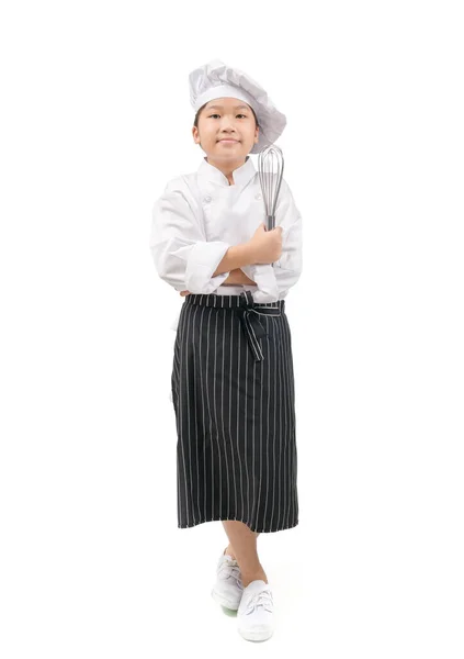 Retrato Niña Feliz Uniforme Chef Sonrisa Celebración Batidor Aislado Sobre — Foto de Stock