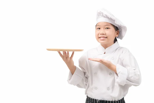 Portrait Happy Little Chef Uniform Presenting Dish Smiling Empty Plate — Stock Photo, Image