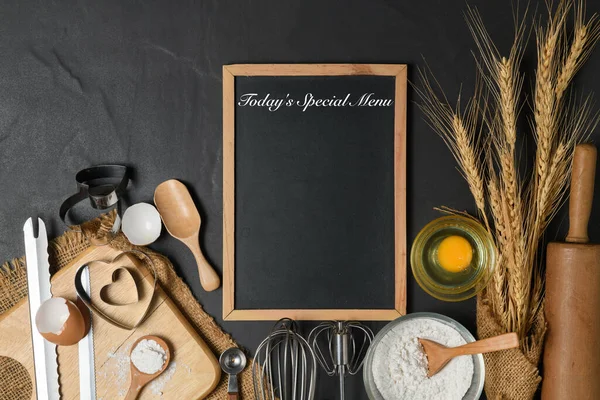 Menu Text Blackboard Fresh Eggs Cake Flour Kitchen Utensils Pastries — Stock Photo, Image