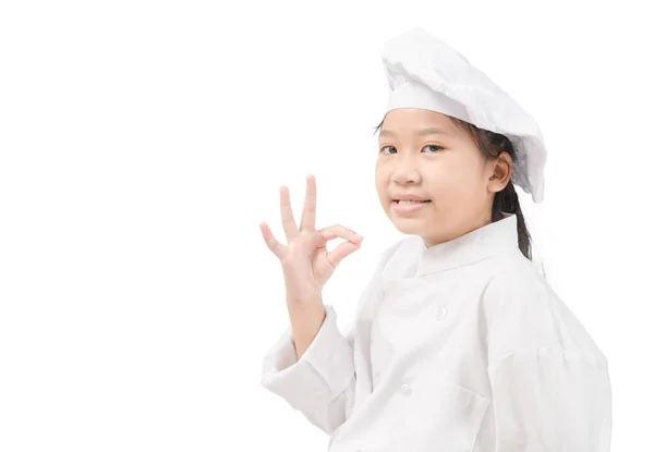 Happy Asian Girl Chef Uniform Showing Sign Isolated White Background — Fotografia de Stock