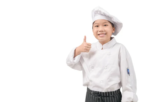 Feliz Asiático Menina Chef Uniforme Mostrando Polegar Até Isolado Branco — Fotografia de Stock