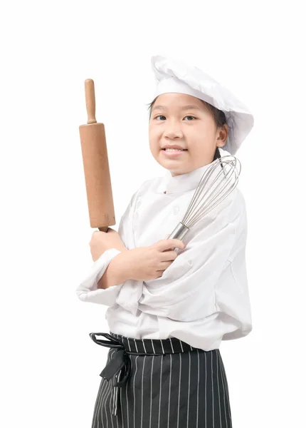 Portrait Happy Little Chef Uniform Holding Rolling Pin Egg Whisk — Stock Photo, Image