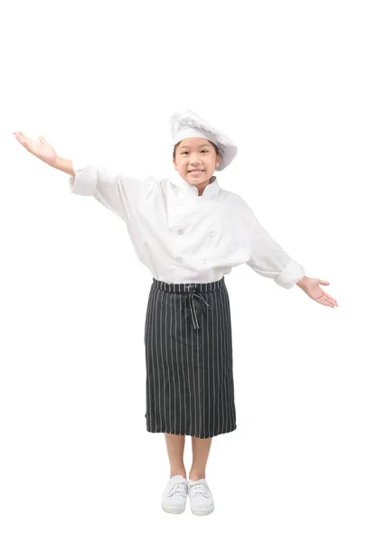 Schattig Chef Kok Meisje Toont Presenteert Menu Geïsoleerd Witte Achtergrond — Stockfoto