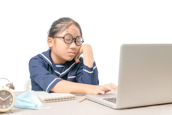 Próbáltam Diák Elaludt Miközben Házi Feladat Laptop Elszigetelt Fehér Háttér — Stock Fotó