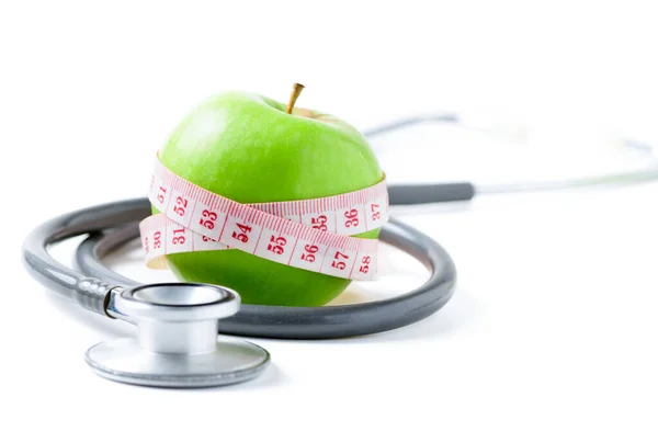 Measuring Tape Wrapped Green Apple Stethoscope Isolated White Background Concept — Stock Photo, Image