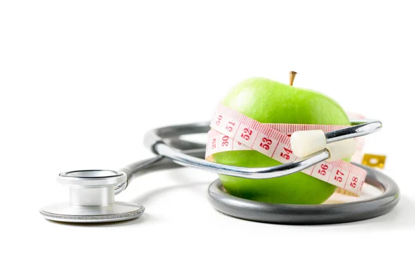 Measuring Tape Wrapped Green Apple Stethoscope Isolated White Background Concept — Stock Photo, Image