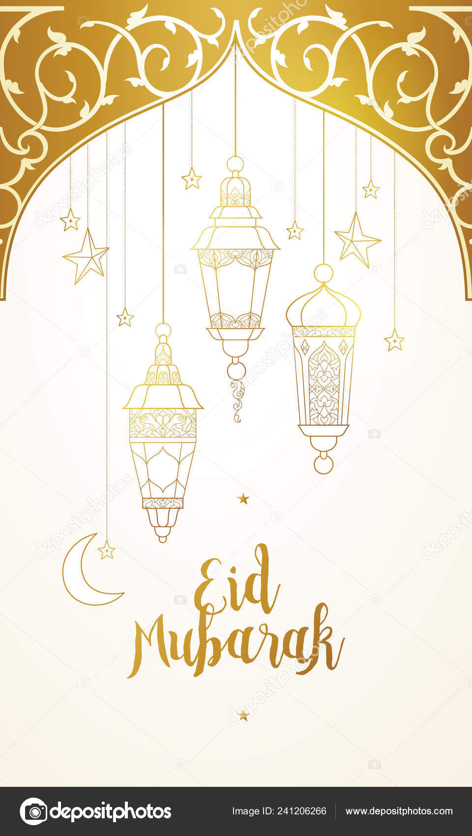 vector eid mubarak card. golden banner with lanterns, calligraphy, moon for  ramadan wishing. arabic shining lamps. decor in eastern style. islam