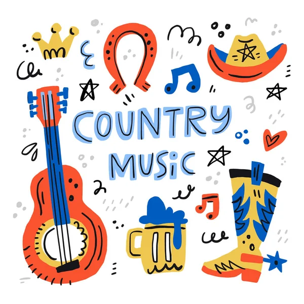 Illustrazioni Disegnate Mano Musica Country Cartoline Concetto Vettoriale — Vettoriale Stock