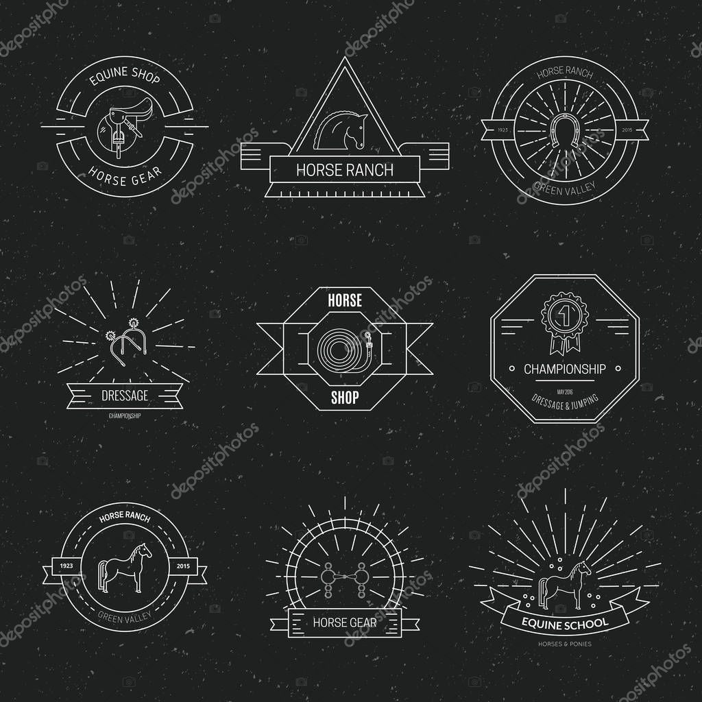 Set of equine logos and labels. Hipster style collection of emblems for horseriding school, horse supplies shop. Vector line art.