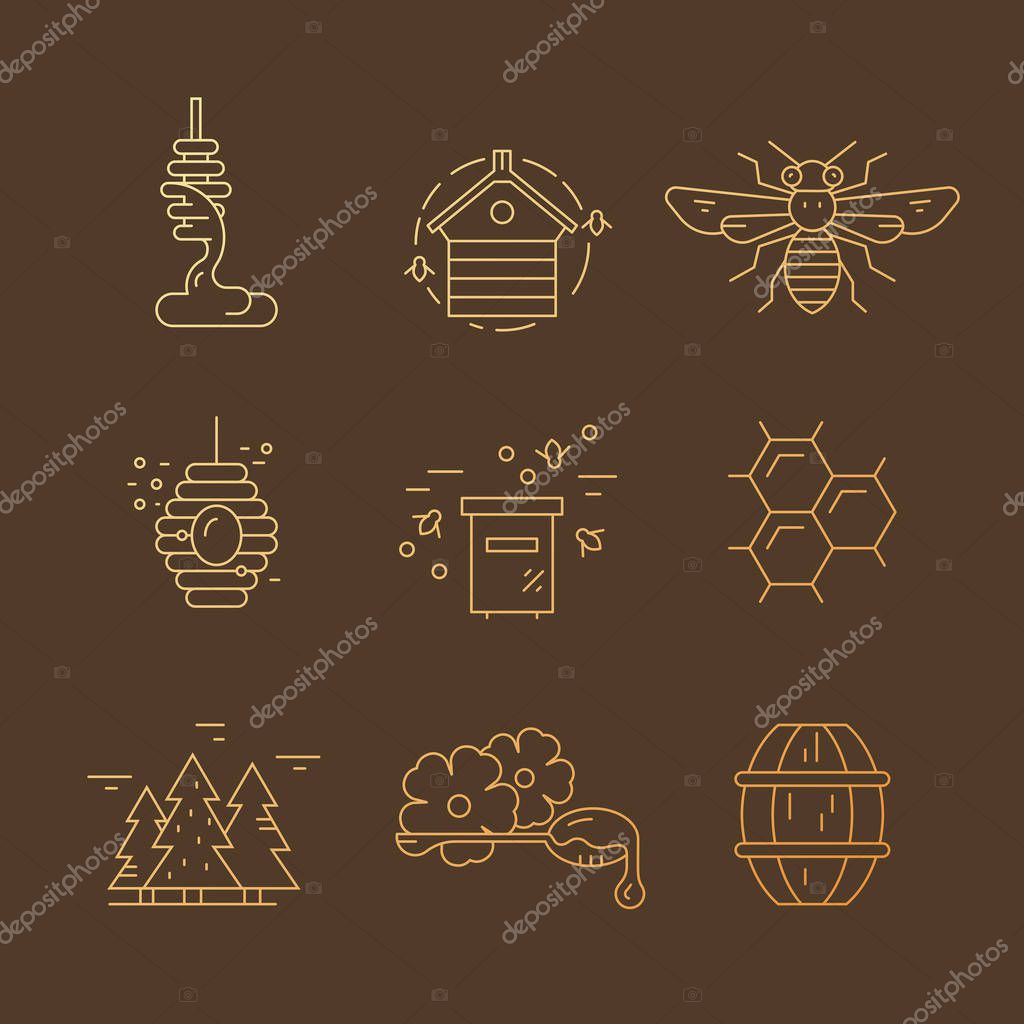Set of symbols with honey, bee, hive, honeycomb and other honey related items. Vector elements for your design.