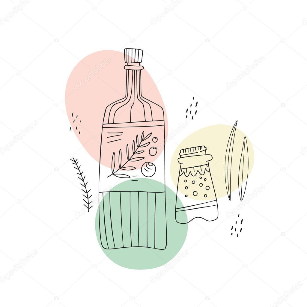 Bottle with olive oil and salt shaker. Small people cooking concept. Hand drawn illustration made in vector. 