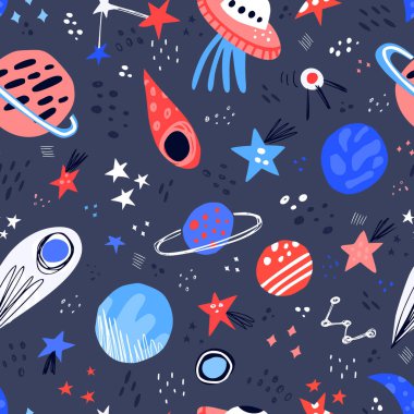 Space hand drawn color vector seamless pattern clipart