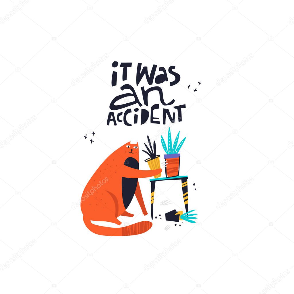 Guilty cat excuse color flat hand drawn vector character