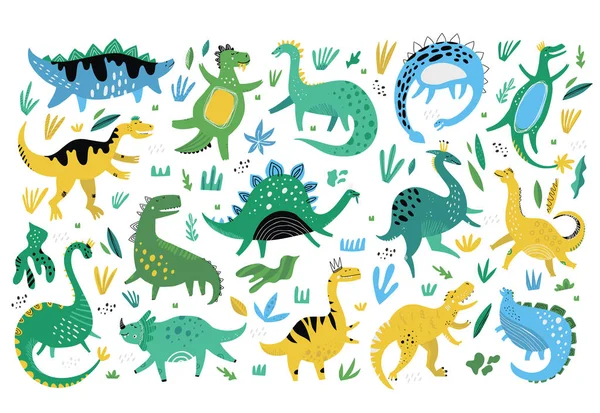 Lindos dinosaurios mano dibujado vector color personajes conjunto — Vector de stock