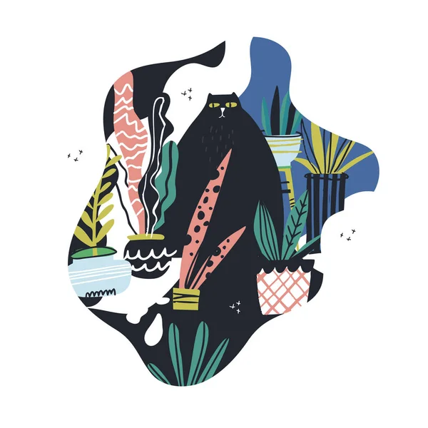 Kara kedi düz elle çizilmiş vektör rengi çizim