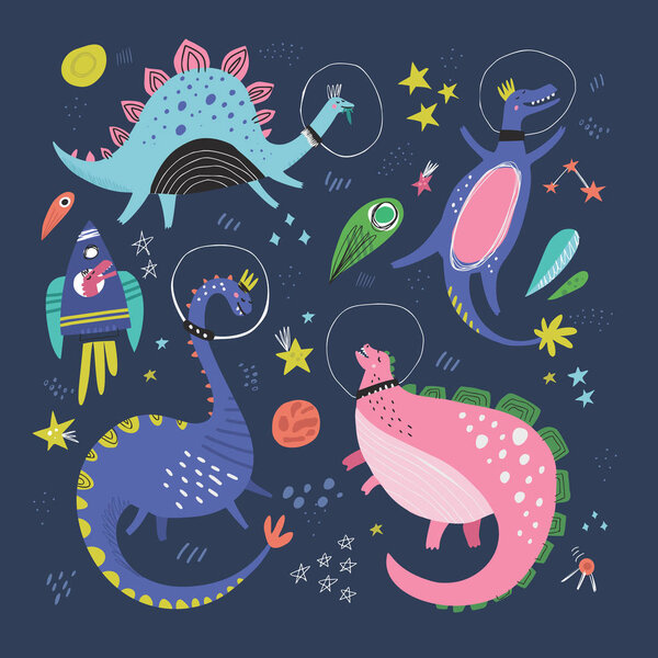 Cute dinosaurs in space hand drawn vector color characters set