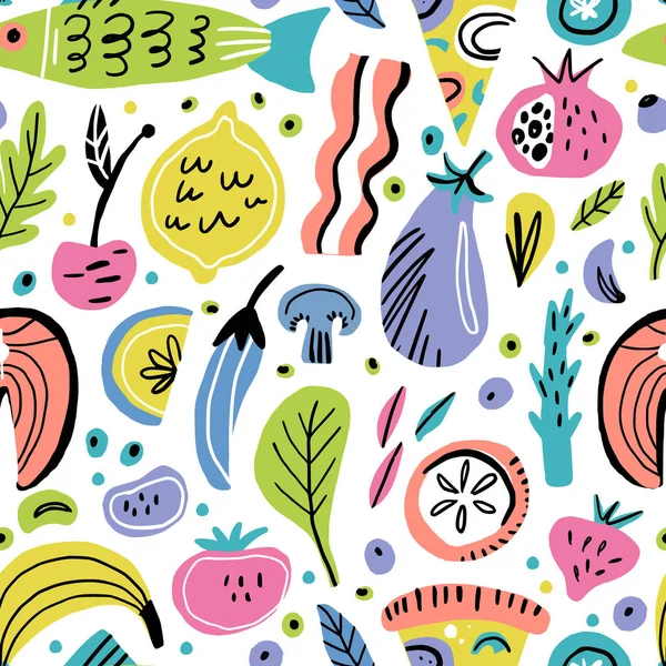 Lebensmittel flache Hand gezeichnet nahtlose Muster — Stockvektor