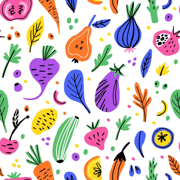 Φρούτα και λαχανικά το χέρι συντάσσονται χωρίς συγκόλληση μοτίβο επίπεδη — Διανυσματικό Αρχείο