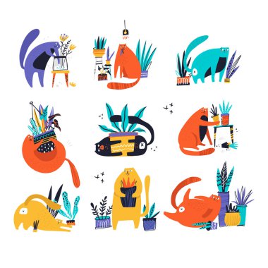 Karakteri suçlu kedi düz elle çizilmiş vektör renk kümesi