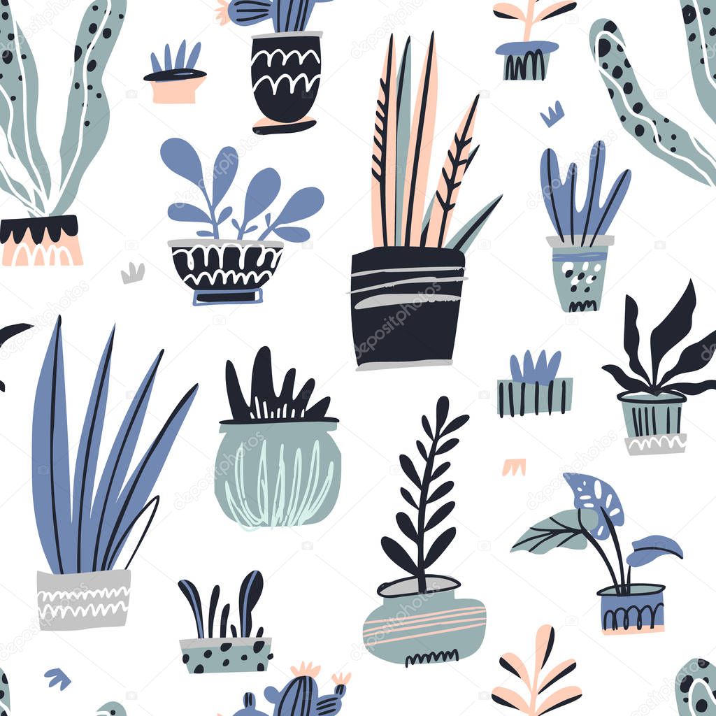 House plants hand drawn color vector seamless pattern