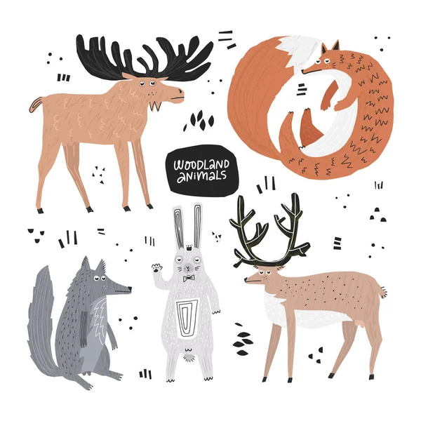 Conjunto de ilustrações planas desenhadas à mão de animais da floresta — Vetor de Stock