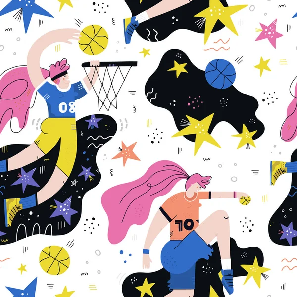 Kvinnliga basket spelare sömlösa mönster — Stock vektor
