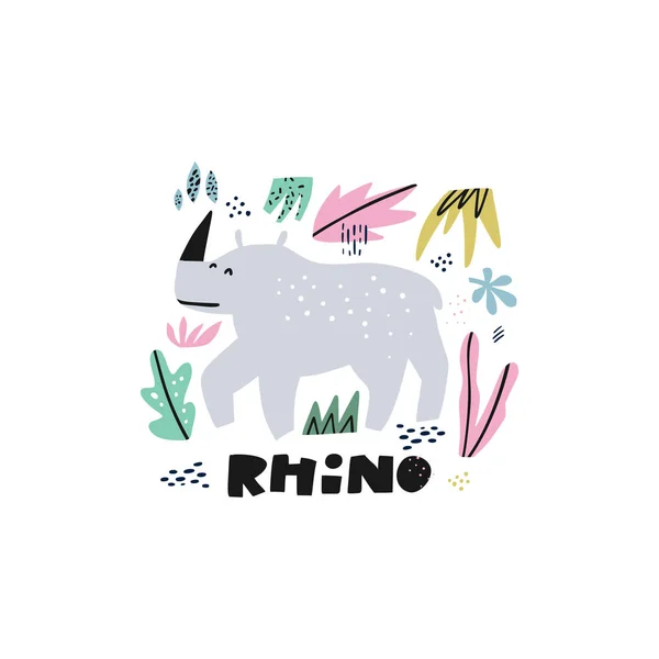 Mignon rhinocéros plat illustration dessinée à la main — Image vectorielle