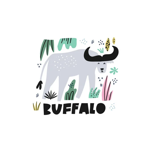 Cute buffalo flat hand drawn vector illustration — Stock Vector