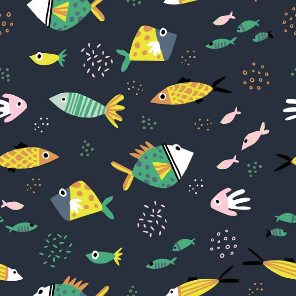 Cute fish flat hand drawn seamless pattern — Stock Vector