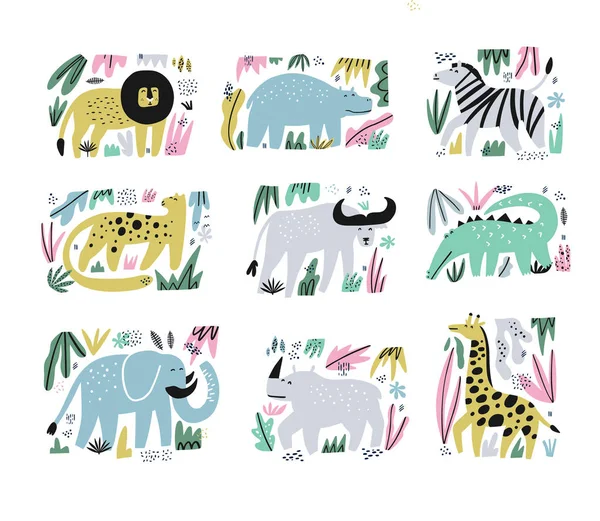 Animales africanos dibujado a mano ilustraciones planas conjunto — Vector de stock