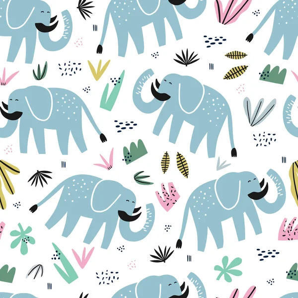 Cute elephant hand drawn color seamless pattern — Stock Vector