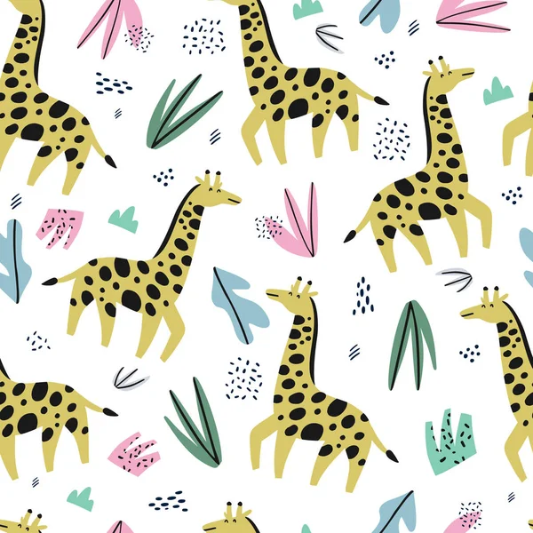 Girafe plat dessin à la main couleur motif sans couture — Image vectorielle