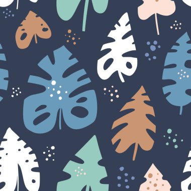 Monstera el çizilmiş vektör Dikişsiz desen bırakır