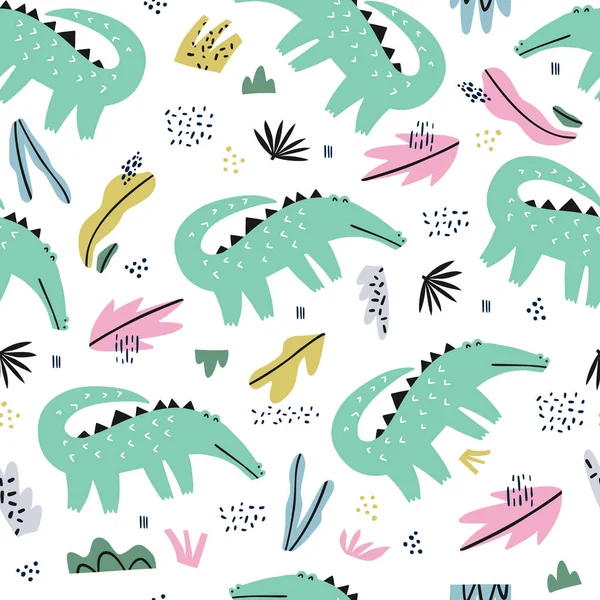 Krokodýl ploché ručně tažené bezešvé pattern — Stockový vektor