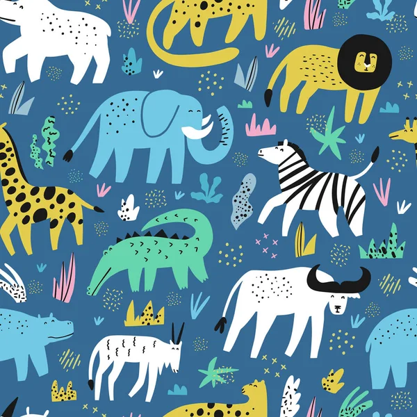African animals flat hand drawn seamless pattern — Stock Vector