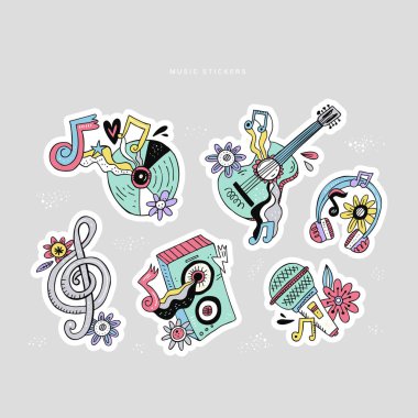 Hippie music doodle stickers set clipart