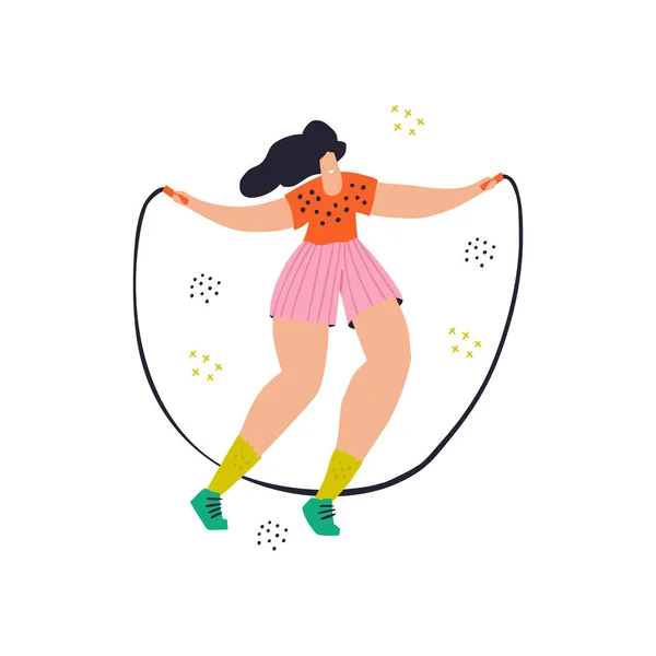 スキップ ロープ フラット カラー図面と少女ジャンプ — ストックベクタ