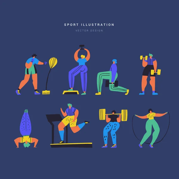 Fitness séance d'entraînement dessinée à la main jeu d'illustration couleur — Image vectorielle