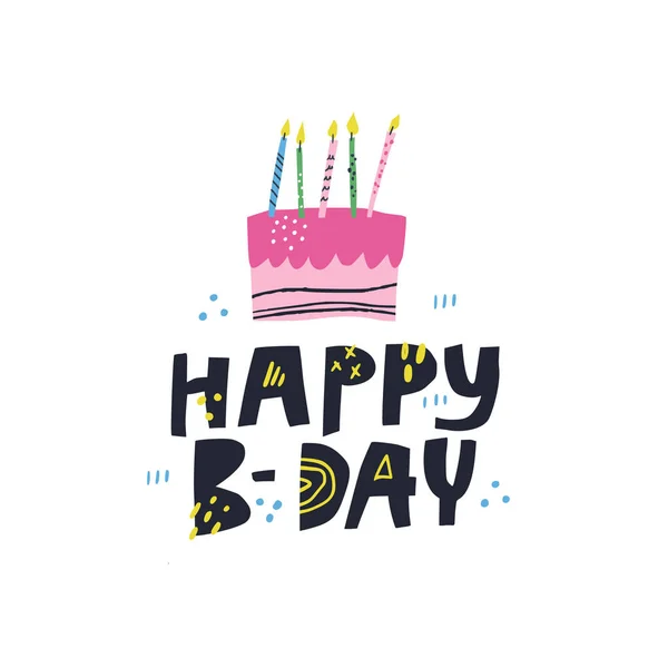 Gâteau d'anniversaire avec lettrage dessin animé — Image vectorielle