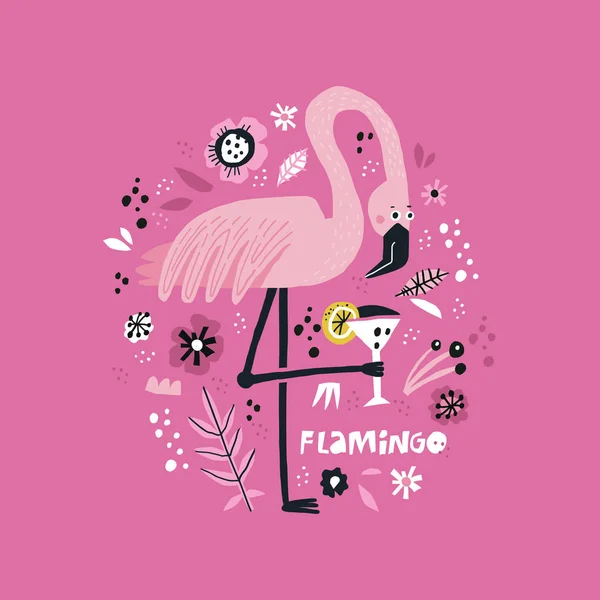 Cartel dibujado a mano vector flamenco rosa — Archivo Imágenes Vectoriales
