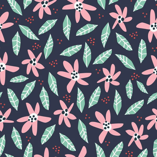 花和树叶手绘制无缝图案 — 图库矢量图片