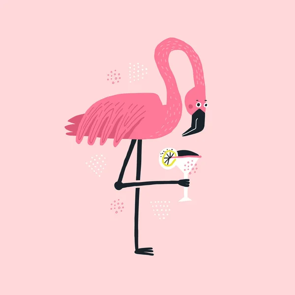 Flamingo med cocktail handritad illustration — Stock vektor