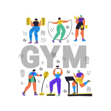Fitness kulübü, spor salonu düz renk kelime kavramı afiş
