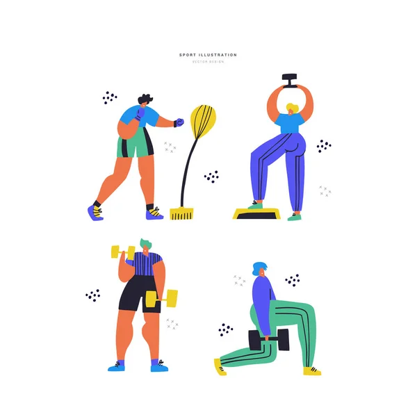 Workout, handgezeichnetes, flaches Illustrations-Set — Stockvektor